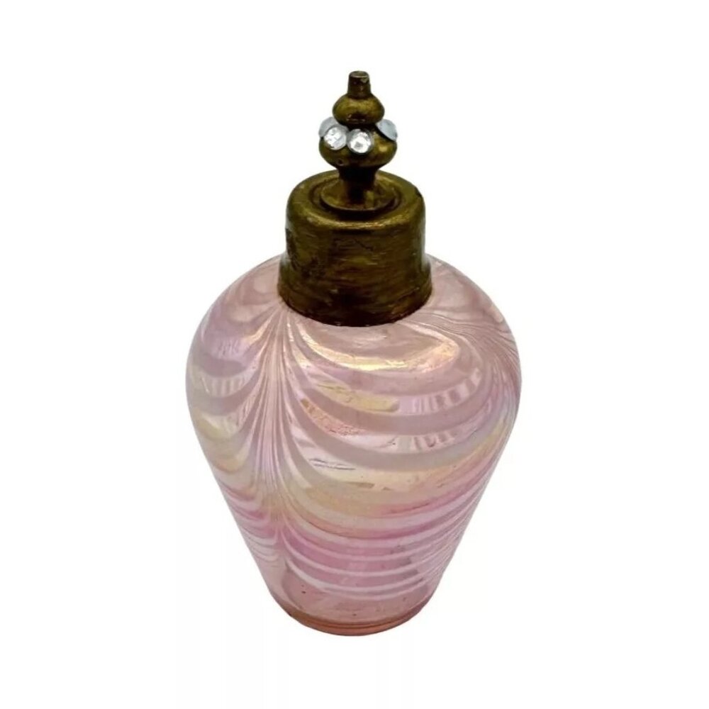 Vtg Irice Perfume Bottle Pink Pulled Feather Iridescent Pattern 4.75" x 2.5"